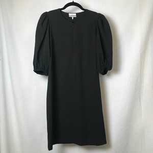 NWT Ganni Women's Black Crepe Puff Sleeve Zip Midi Shift Dress F5022 EU 38 US 8